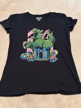 Half It Black Tee Women’s Medium Green Dinosaur Lego Mini Figures T-Shirt Cotton